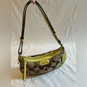 Coach Signature C Canvas and Chartreuse Leather Shoulder Bag
